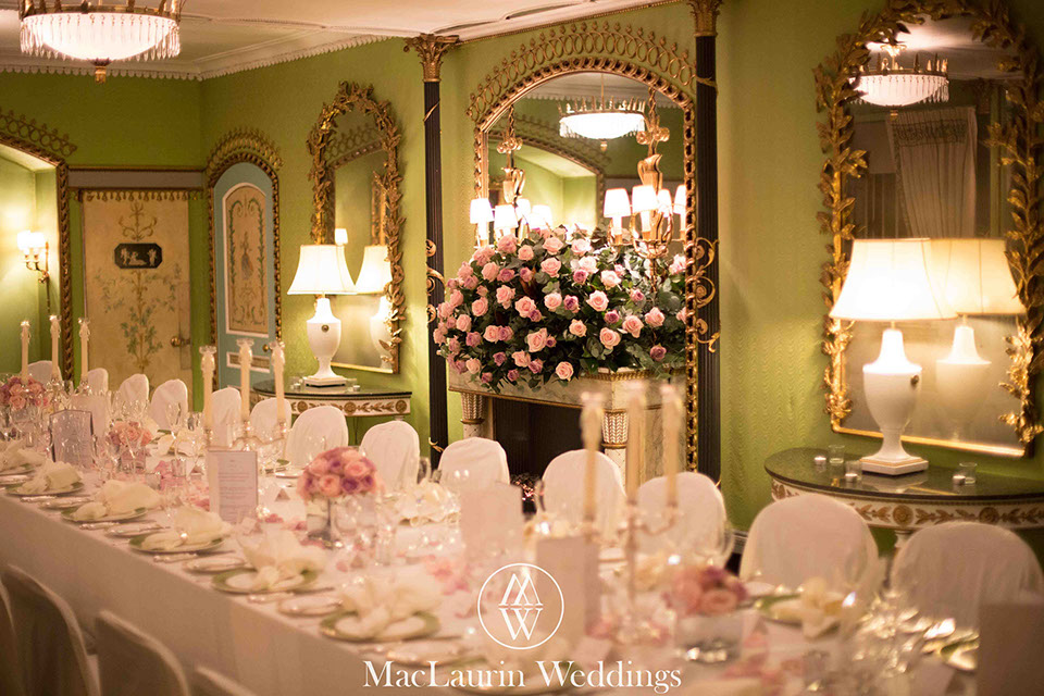 an interior photograph of the wedding breakfast prepared at the dorchester london